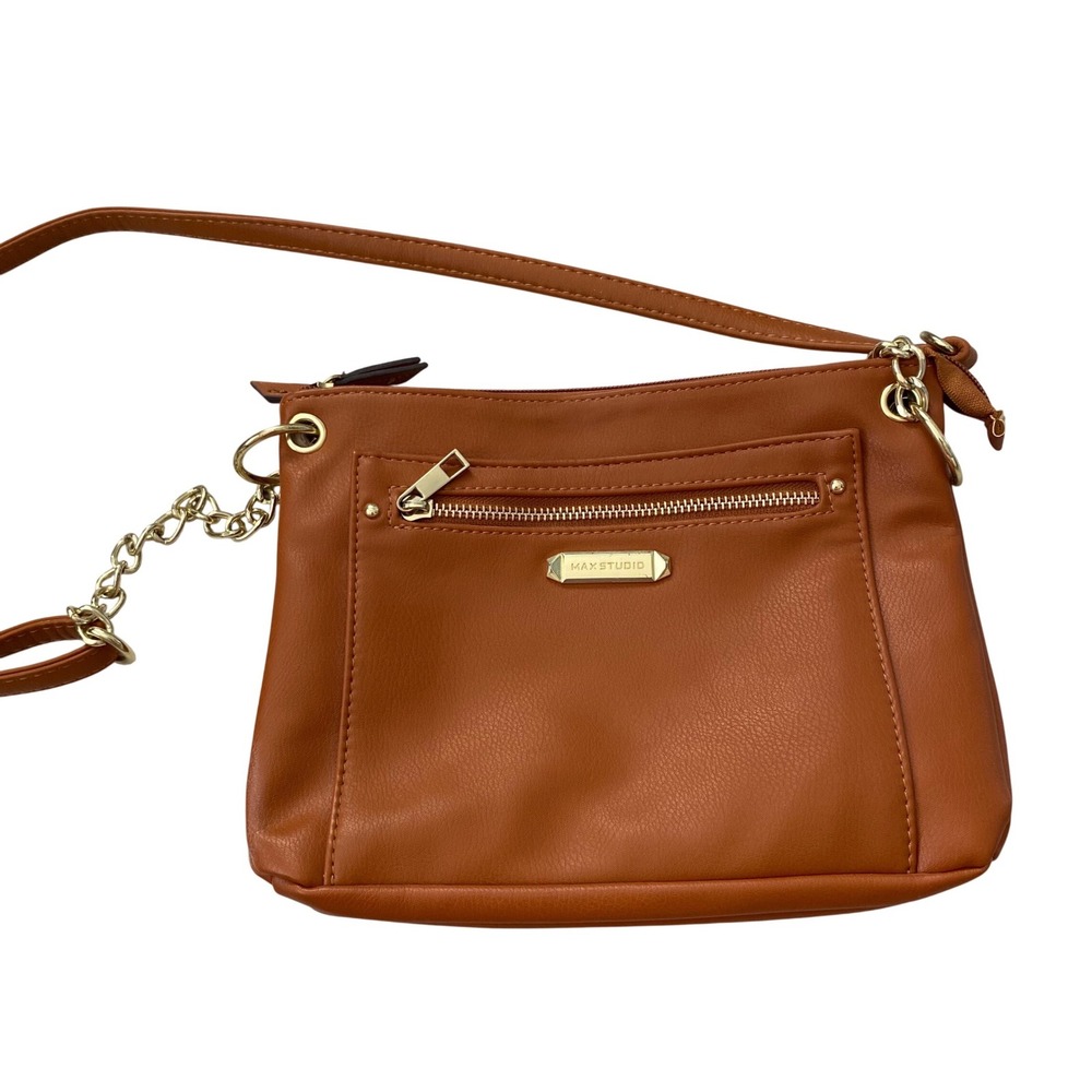 Maxโ Studio Cognac Brown Vegan Leather Crossbody Bag Gold Chain